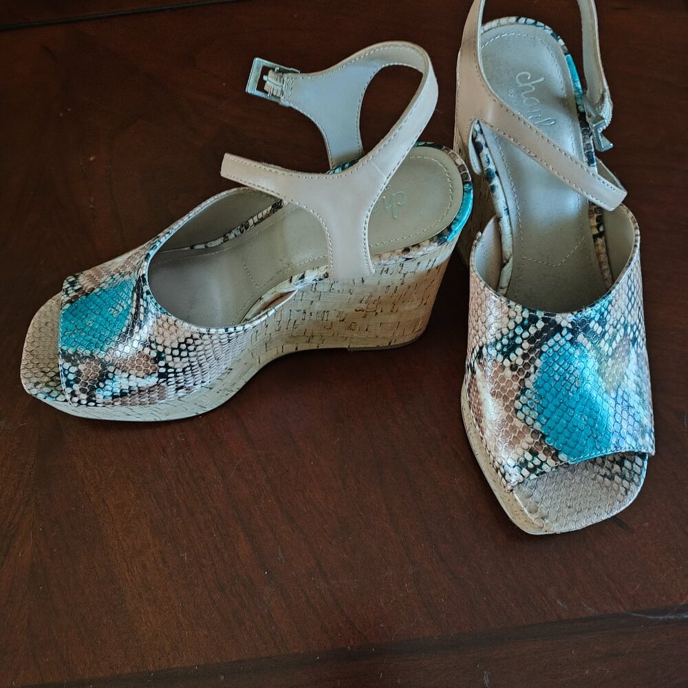 Charles by Charles David Wedge Sandals Snake Skin (Aqua Blue/Tan/Brown) Print